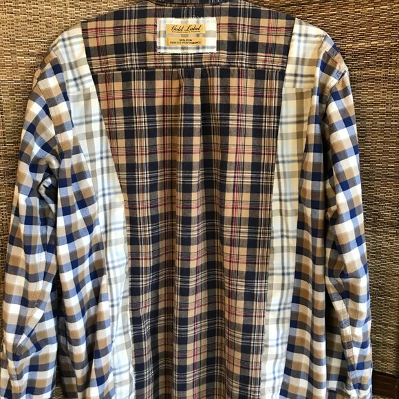 Mixed Print Button-Down Shirt, M-L: Upcycled Boho Patchwork Top, Autumn Colors - Picture 7 of 12